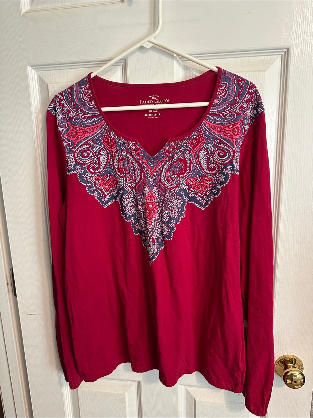 Faded Glory Women's Magenta Long Sleeve Top with Paisley Yoke
